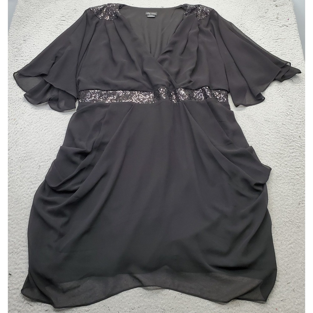 City Chic Sequin Wrap Dress Womens XL/22 Black Batwing Sleeve V-Neck Cocktail